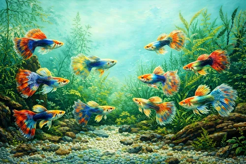Tranh đàn cá bảy màu dưới nước