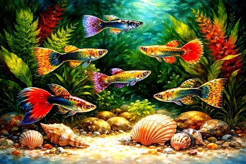 Tranh cảnh cá bảy màu dưới nước