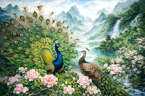 Đôi công giữa vườn hoa và núi non