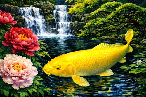Cá chép vàng dưới thác nước và hoa mẫu đơn rực rỡ