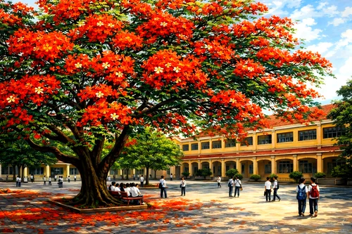 Tranh mùa phượng vĩ rực rỡ trong sân trường