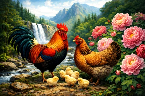 Tranh gà trống, gà mái và đàn gà con bên thác nước và hoa mẫu đơn
