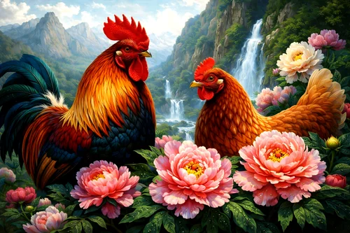 Tranh gà trống gà mái hoa mẫu đơn trong vườn