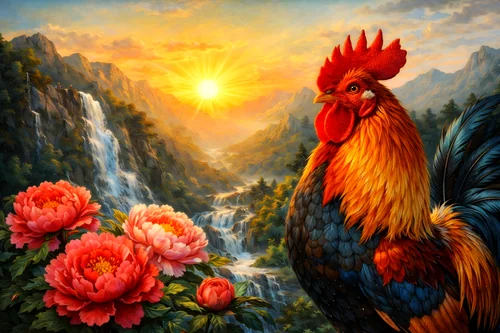 Tranh Gà trống và hoa mẫu đơn dưới ánh bình minh