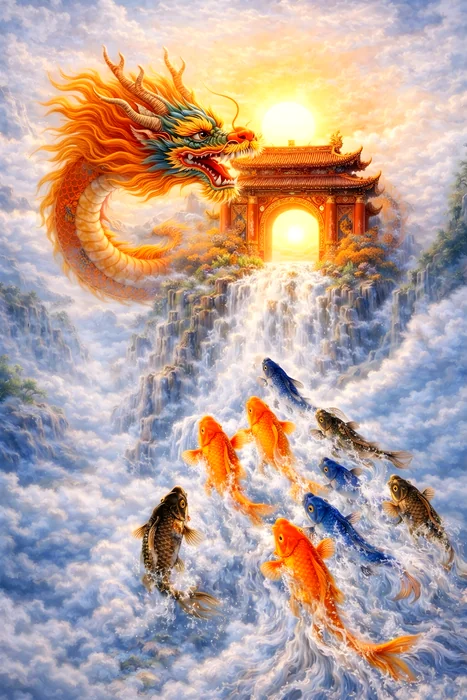 Tranh Rồng và cá chép vượt vũ môn