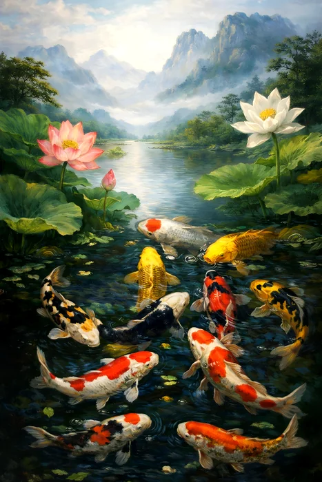 Tranh cá Koi dưới hồ sen