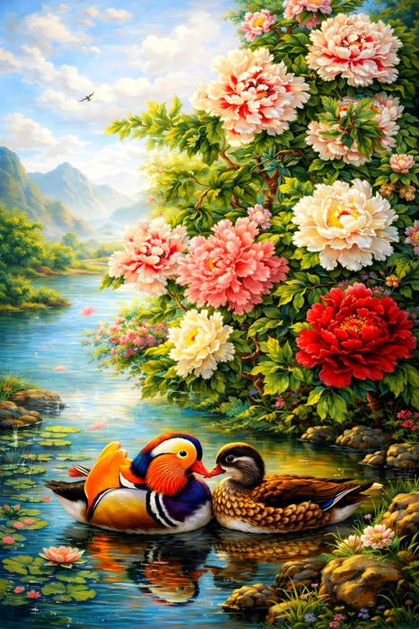 Tranh chim thiên nga bên hoa mẫu đơn rực rỡ