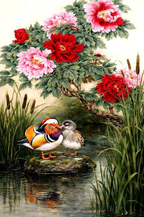 Tranh chim uyên ương bên hoa mẫu đơn