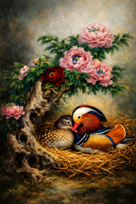 Tranh Đôi Vịt Mandarin Trong Tổ Hoa Mẫu Đơn