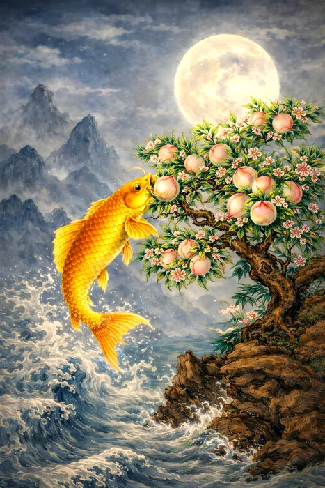 Tranh cá chép vàng và cây đào dưới ánh trăng