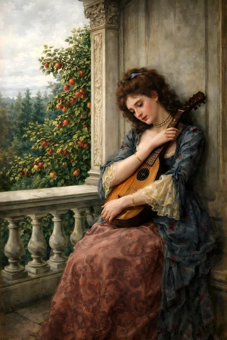 Tranh cô gái ôm đàn mandolin trên ban công