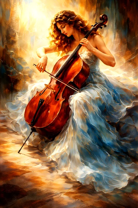 Cô gái chơi đàn cello giữa ánh sáng ấm áp
