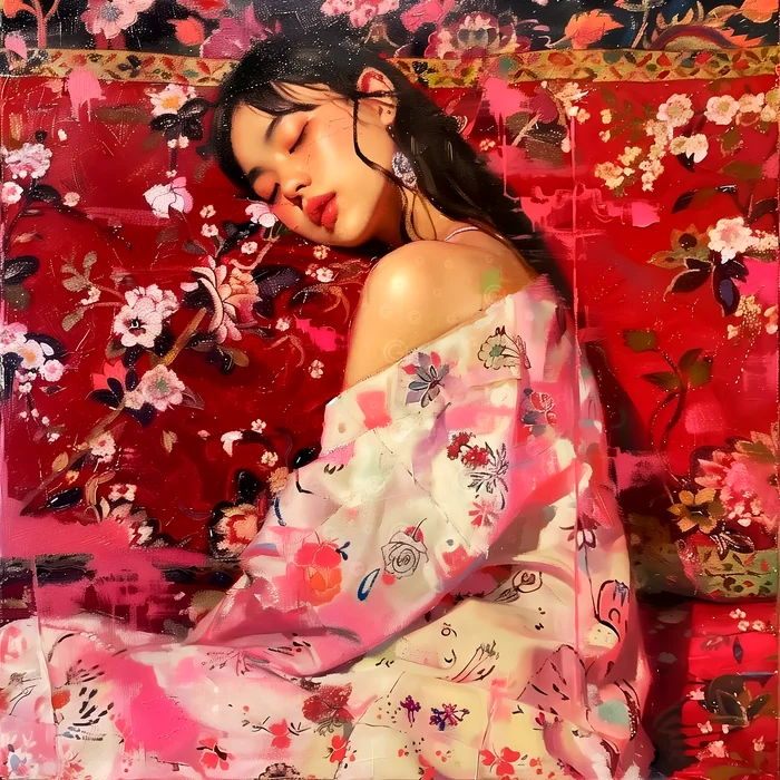 Tranh chân dung cô gái trên nền hoa đỏ