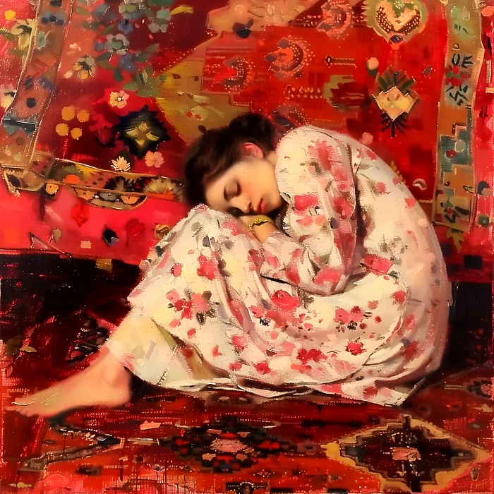Cô gái ngủ trên thảm hoa văn đỏ ấm áp