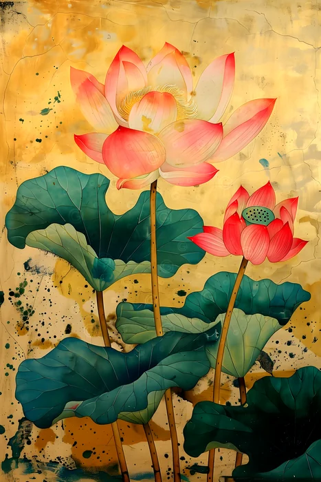 Tranh hoa sen hồng tinh tế trên nền vàng