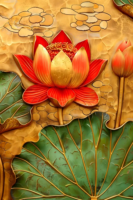 Tranh hoa sen đỏ và lá xanh