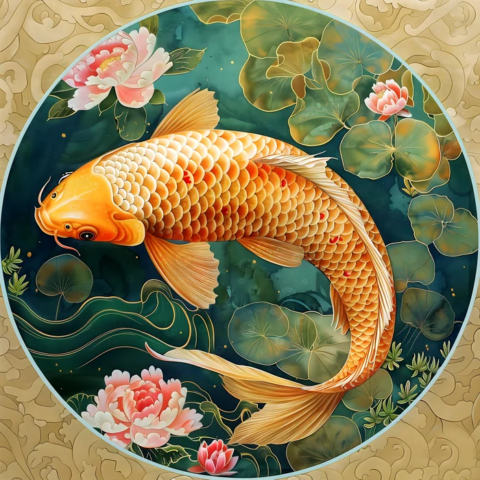 Cá chép vàng và hoa sen trong hồ nước xanh