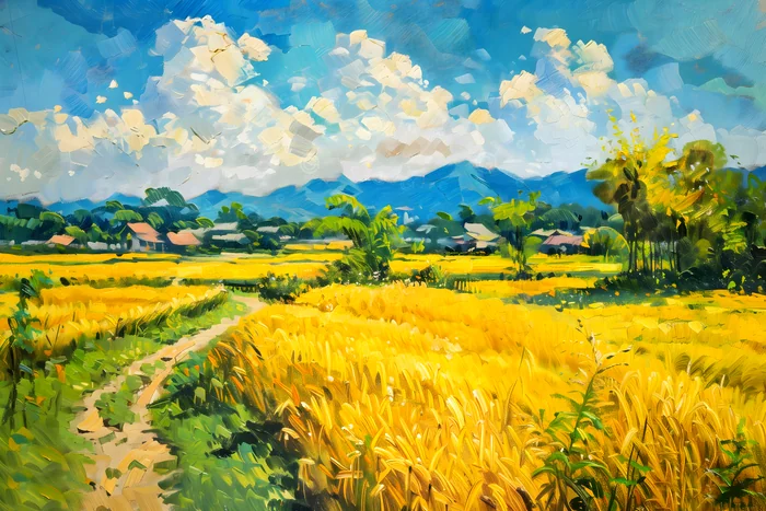 Cánh đồng lúa chín vàng rực rỡ dưới bầu trời xanh