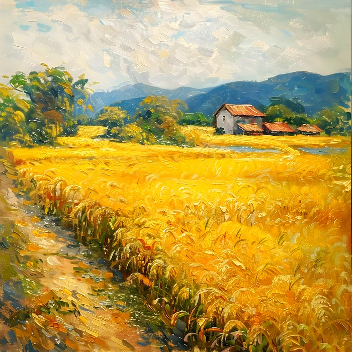 Cánh đồng lúa chín vàng rực rỡ bên ngôi nhà nhỏ