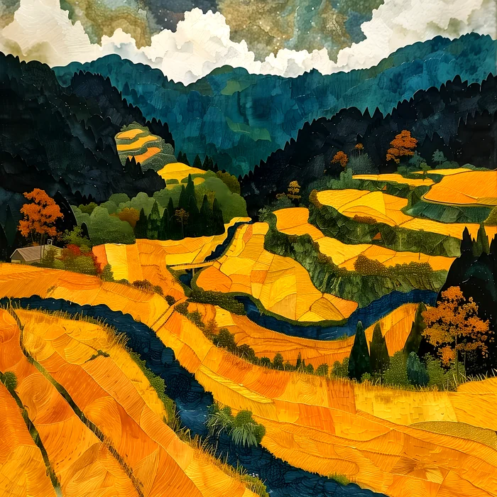 Tranh phong cảnh ruộng bậc thang mùa gặt