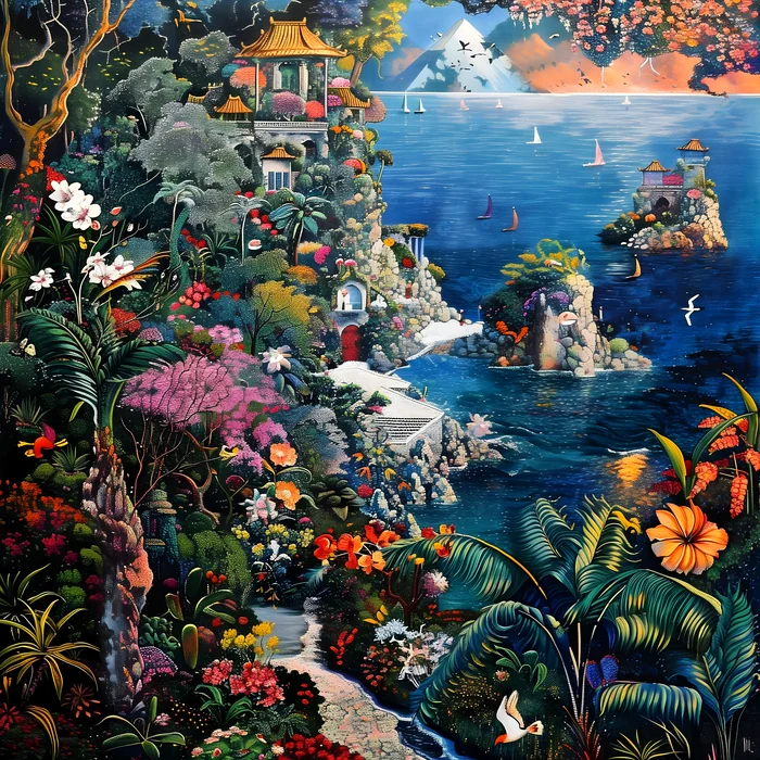 Tranh phong cảnh vườn hoa và biển xanh