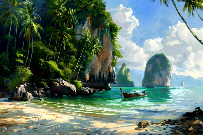 Phong cảnh biển nhiệt đới với thuyền gỗ và núi đá