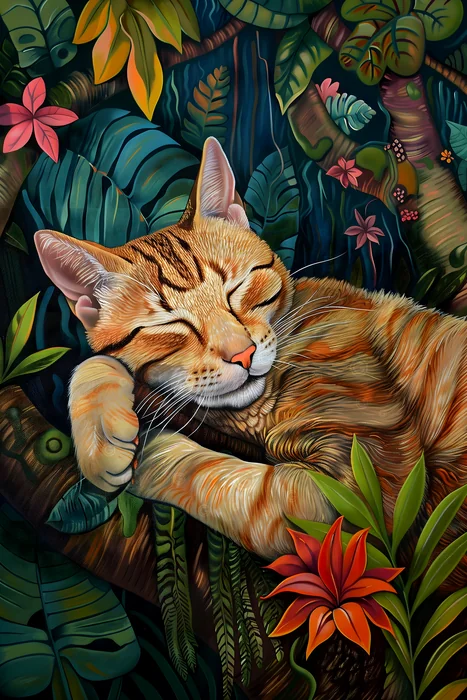Tranh chú mèo ngủ trong rừng nhiệt đới