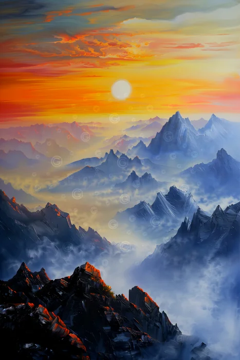 Tranh phong cảnh núi non lúc bình minh