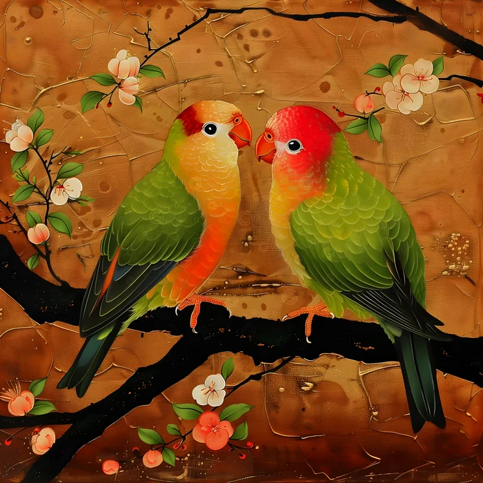 Tranh đôi chim vẹt trên cành hoa