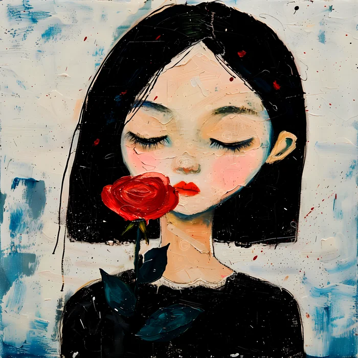 Cô gái với bông hồng đỏ thắm