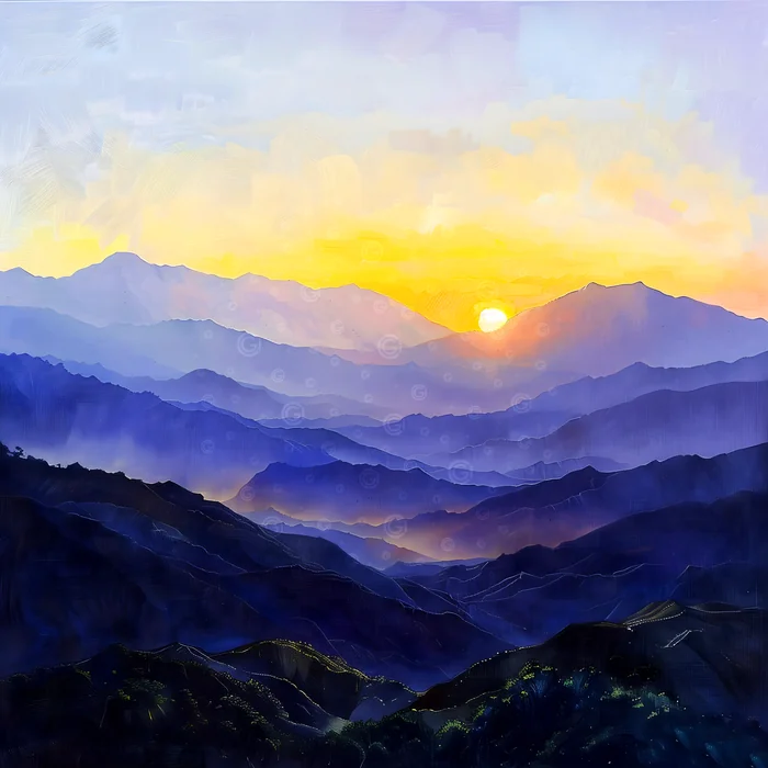 Bình minh trên dãy núi xanh mờ sương